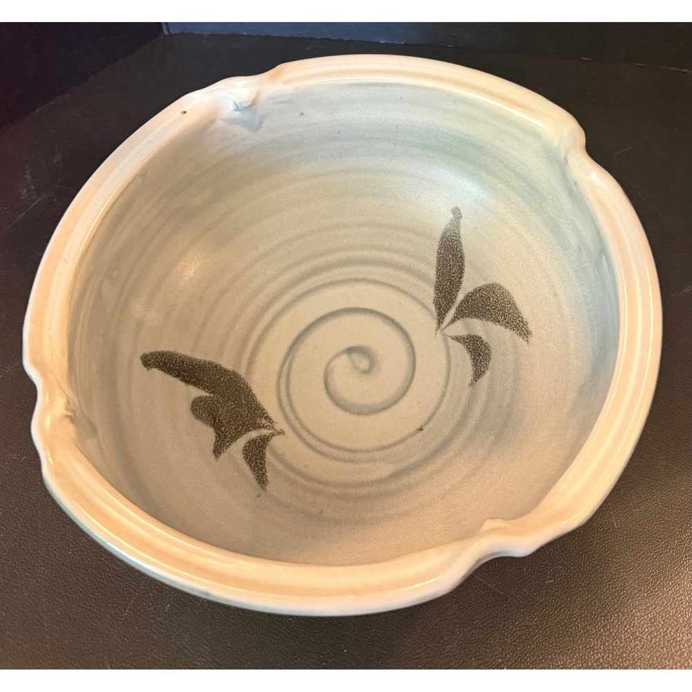 Studio Art Pottery Serving Bowl Grey Signed Artisan Stoneware Leaf Statement